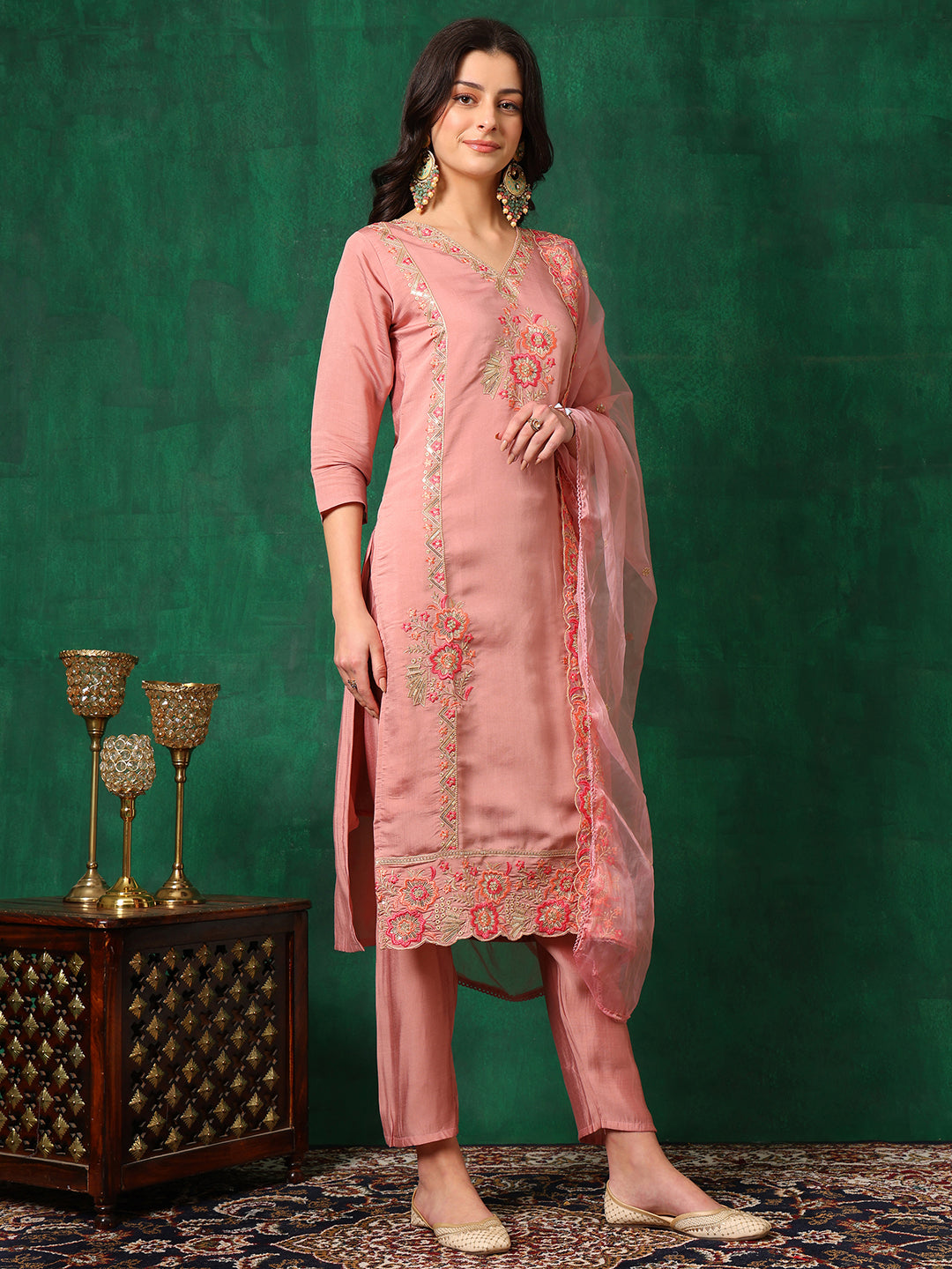 Embroidered Kurta with Pant & Embroidered Dupatta