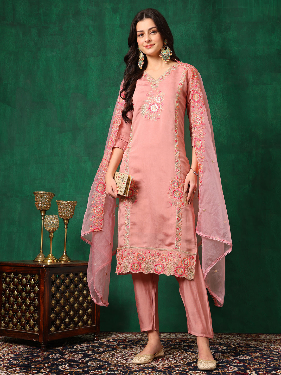 Embroidered Kurta with Pant & Embroidered Dupatta