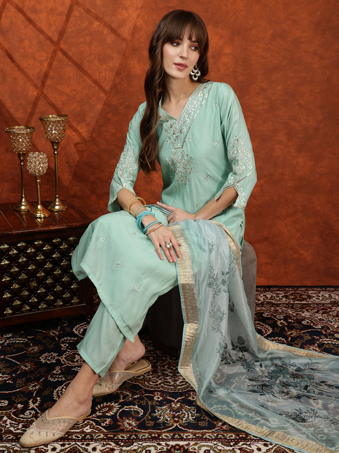 Sequined Embroidered Kurta with pant & Floral Printed Dupatta