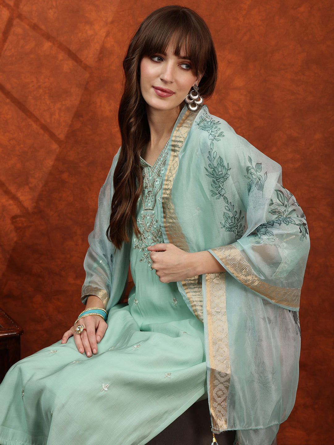 Sequined Embroidered Kurta with pant & Floral Printed Dupatta