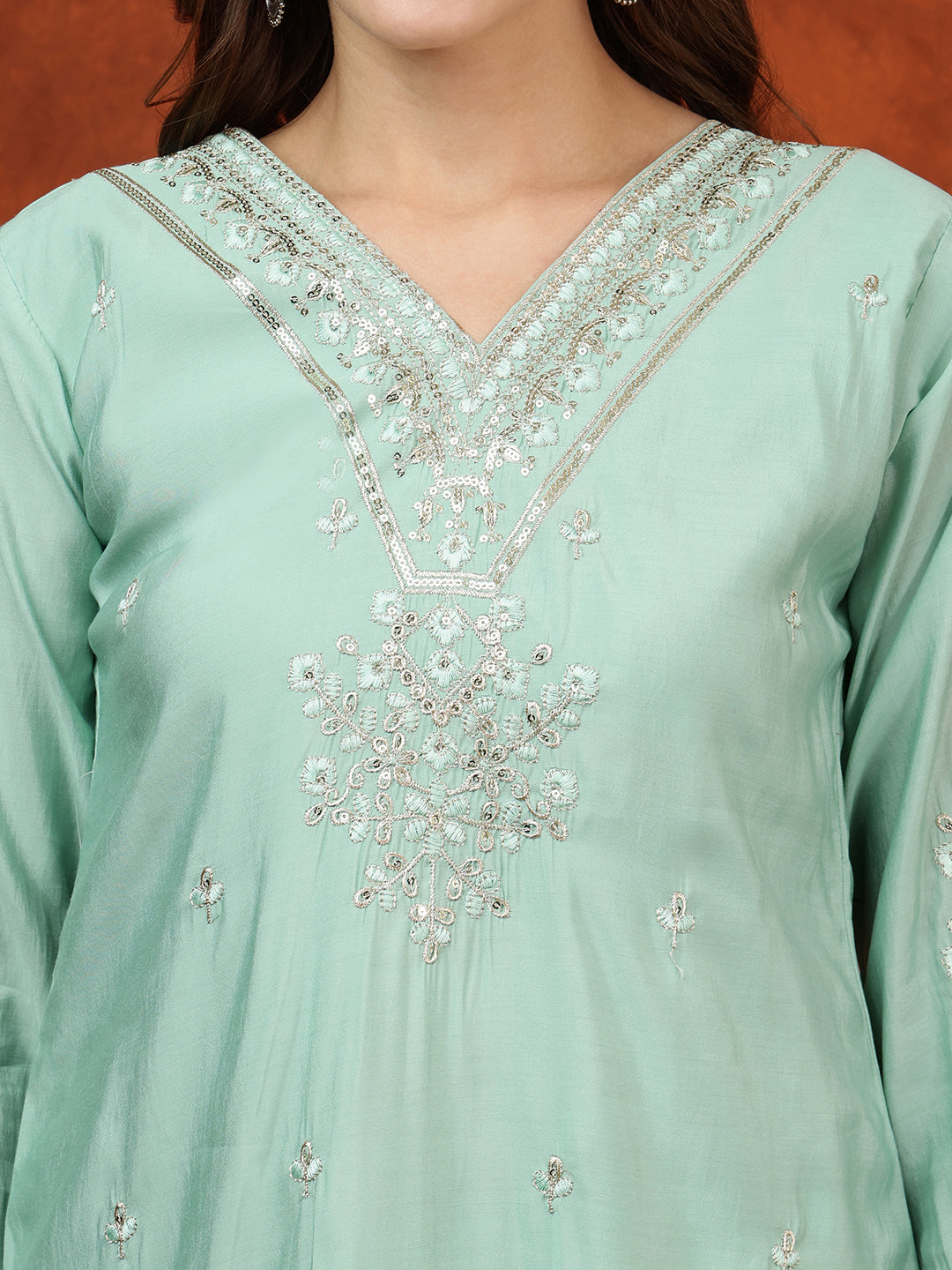 Sequined Embroidered Kurta with pant & Floral Printed Dupatta