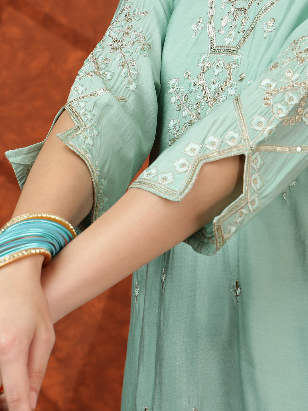 Sequined Embroidered Kurta with pant & Floral Printed Dupatta