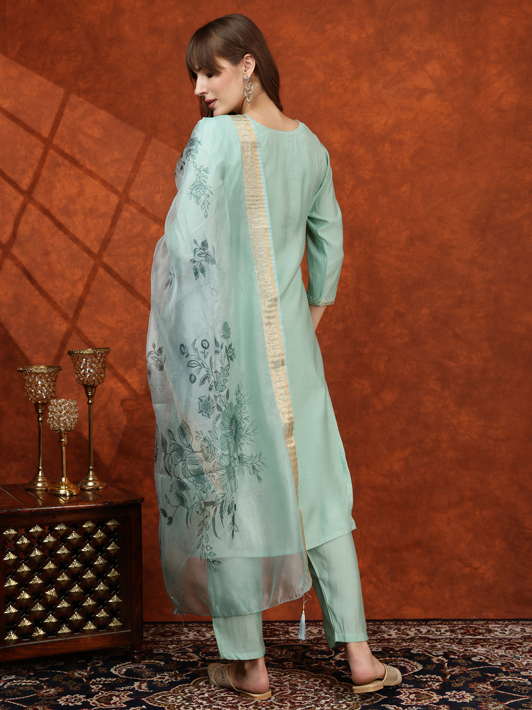 Sequined Embroidered Kurta with pant & Floral Printed Dupatta