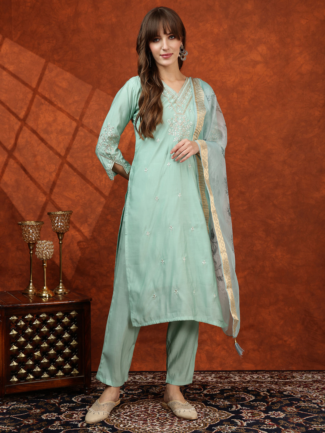 Sequined Embroidered Kurta with pant & Floral Printed Dupatta