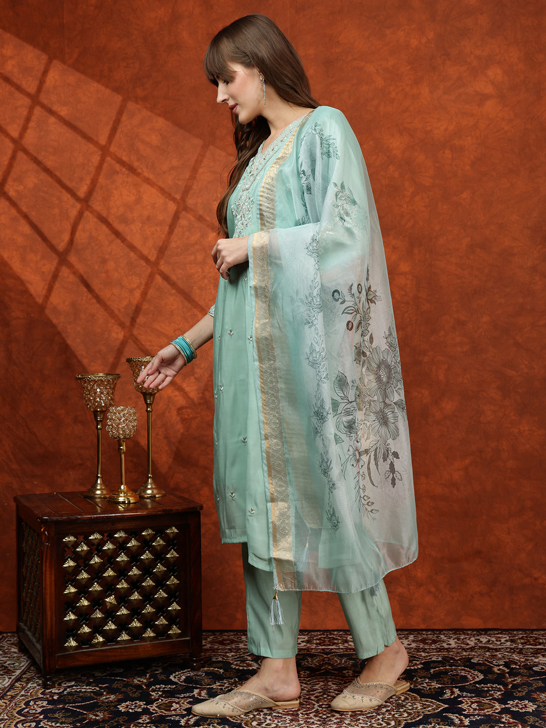 Sequined Embroidered Kurta with pant & Floral Printed Dupatta