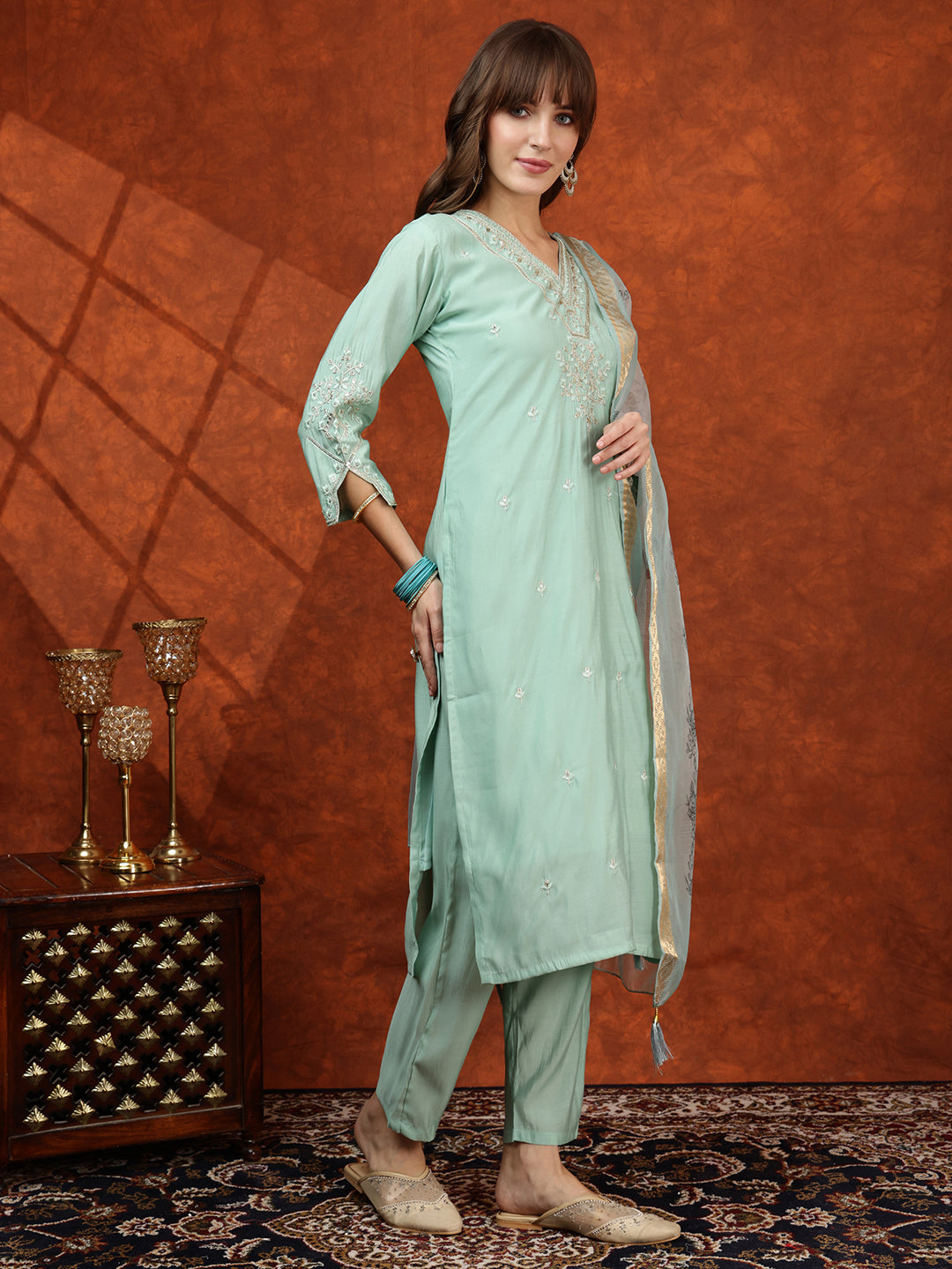 Sequined Embroidered Kurta with pant & Floral Printed Dupatta