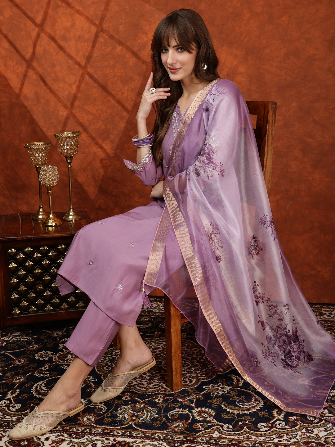 Sequined Embroidered Kurta with pant & Floral Printed Dupatta