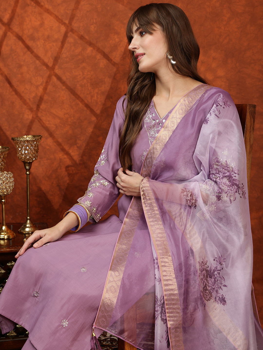 Sequined Embroidered Kurta with pant & Floral Printed Dupatta