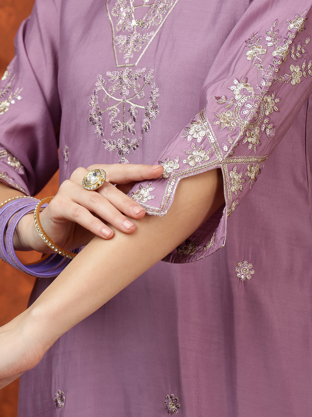 Sequined Embroidered Kurta with pant & Floral Printed Dupatta