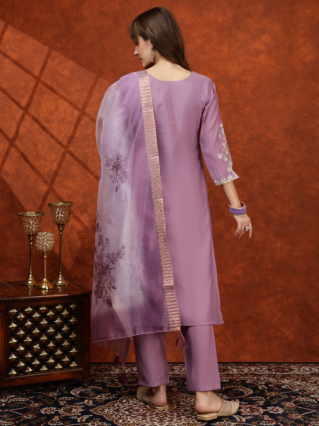Sequined Embroidered Kurta with pant & Floral Printed Dupatta