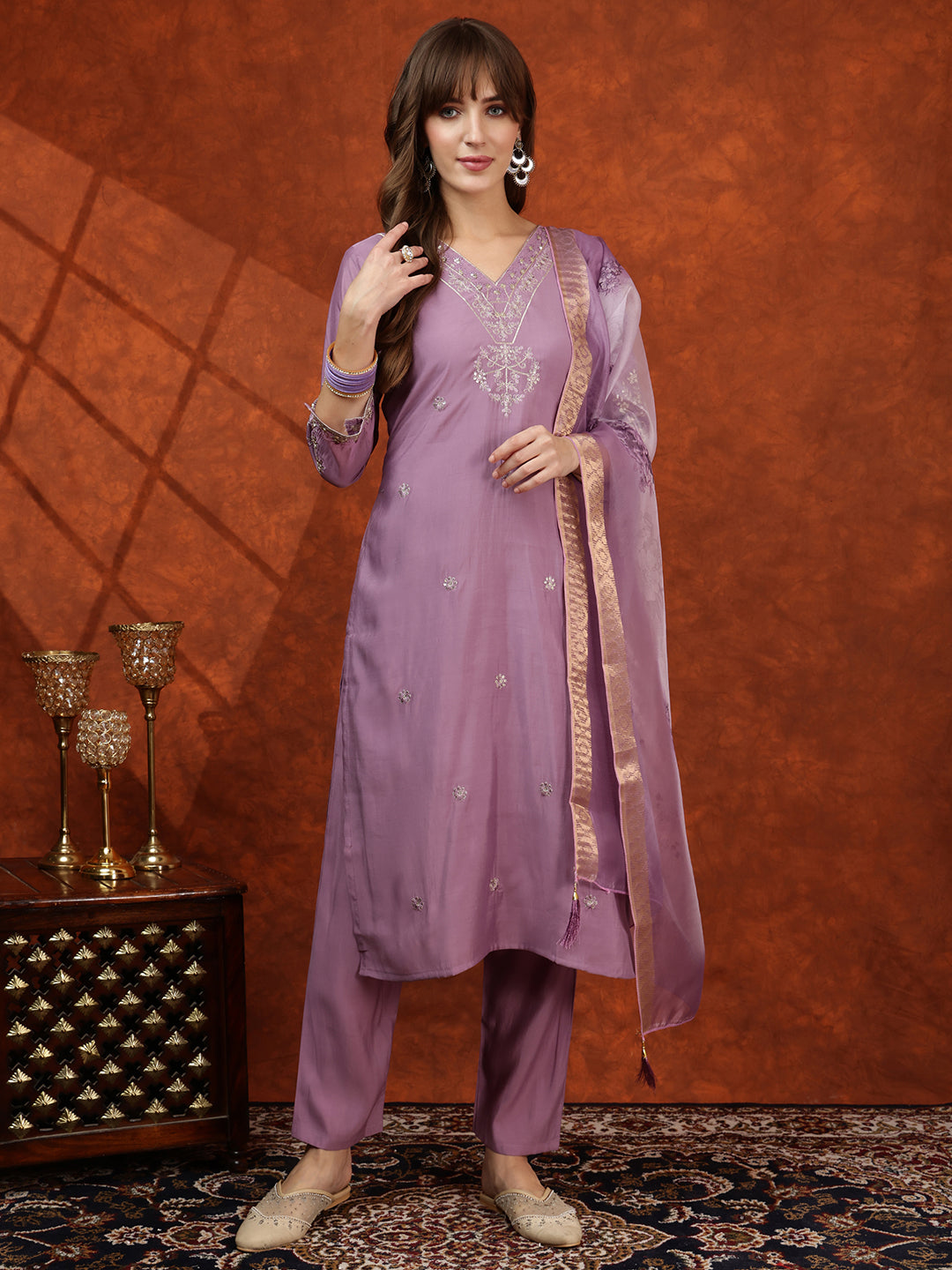 Sequined Embroidered Kurta with pant & Floral Printed Dupatta