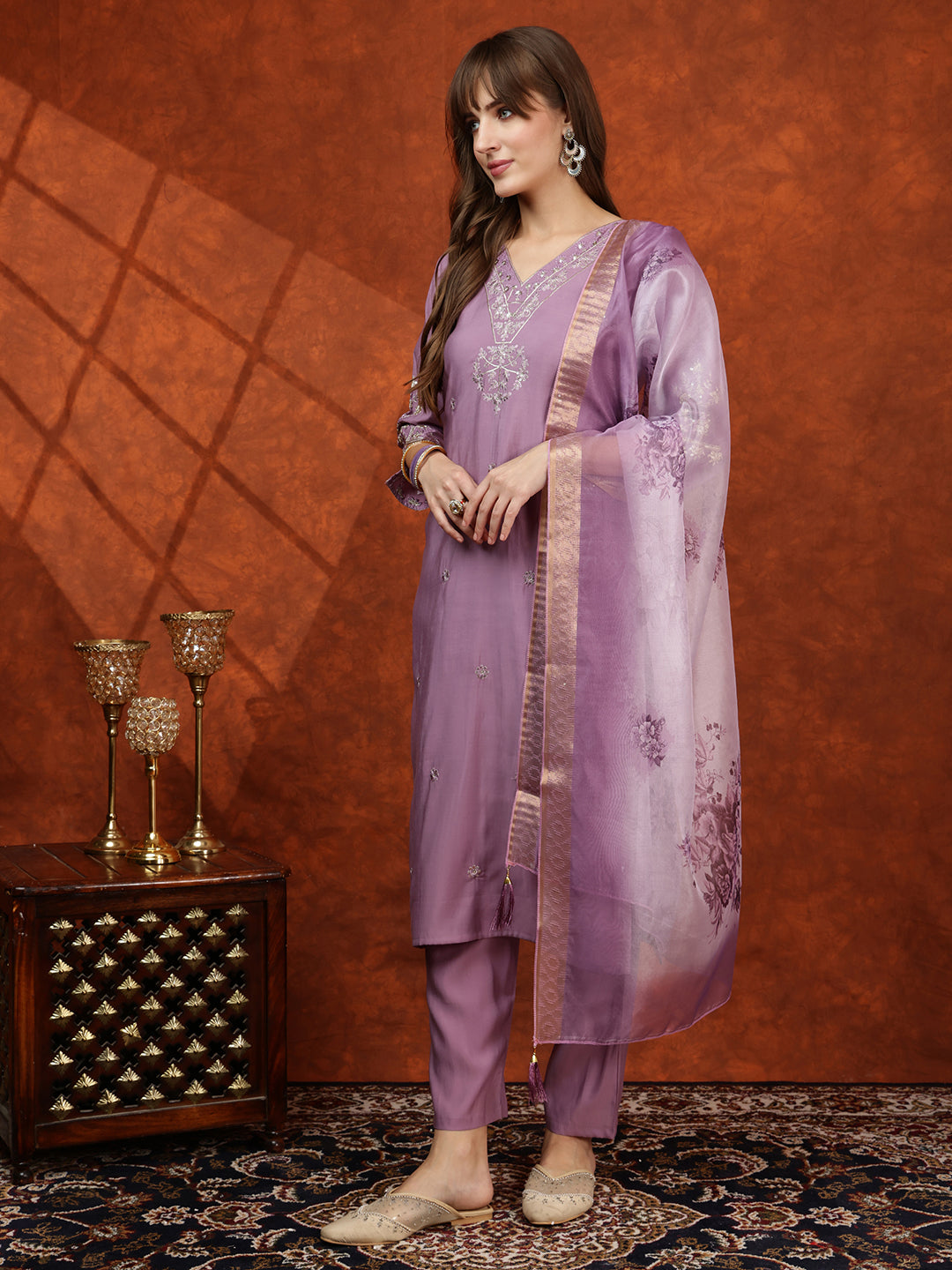 Sequined Embroidered Kurta with pant & Floral Printed Dupatta