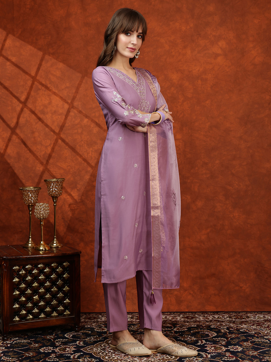 Sequined Embroidered Kurta with pant & Floral Printed Dupatta