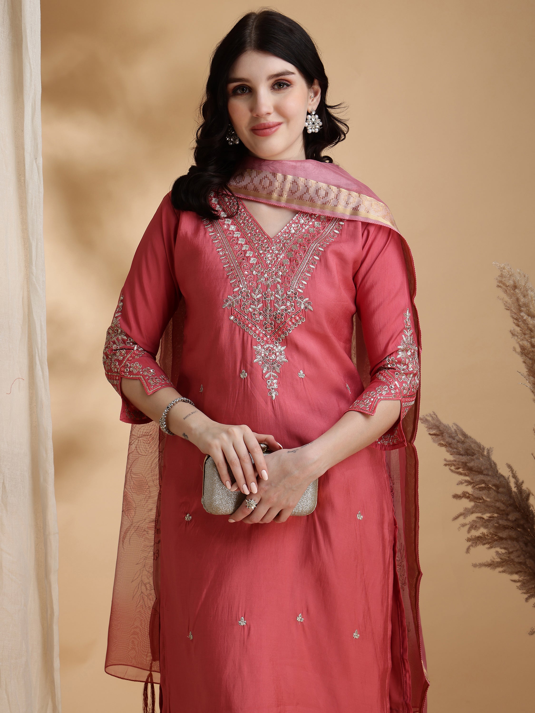 Sequined Embroidered Kurta with pant & Floral Printed Dupatta