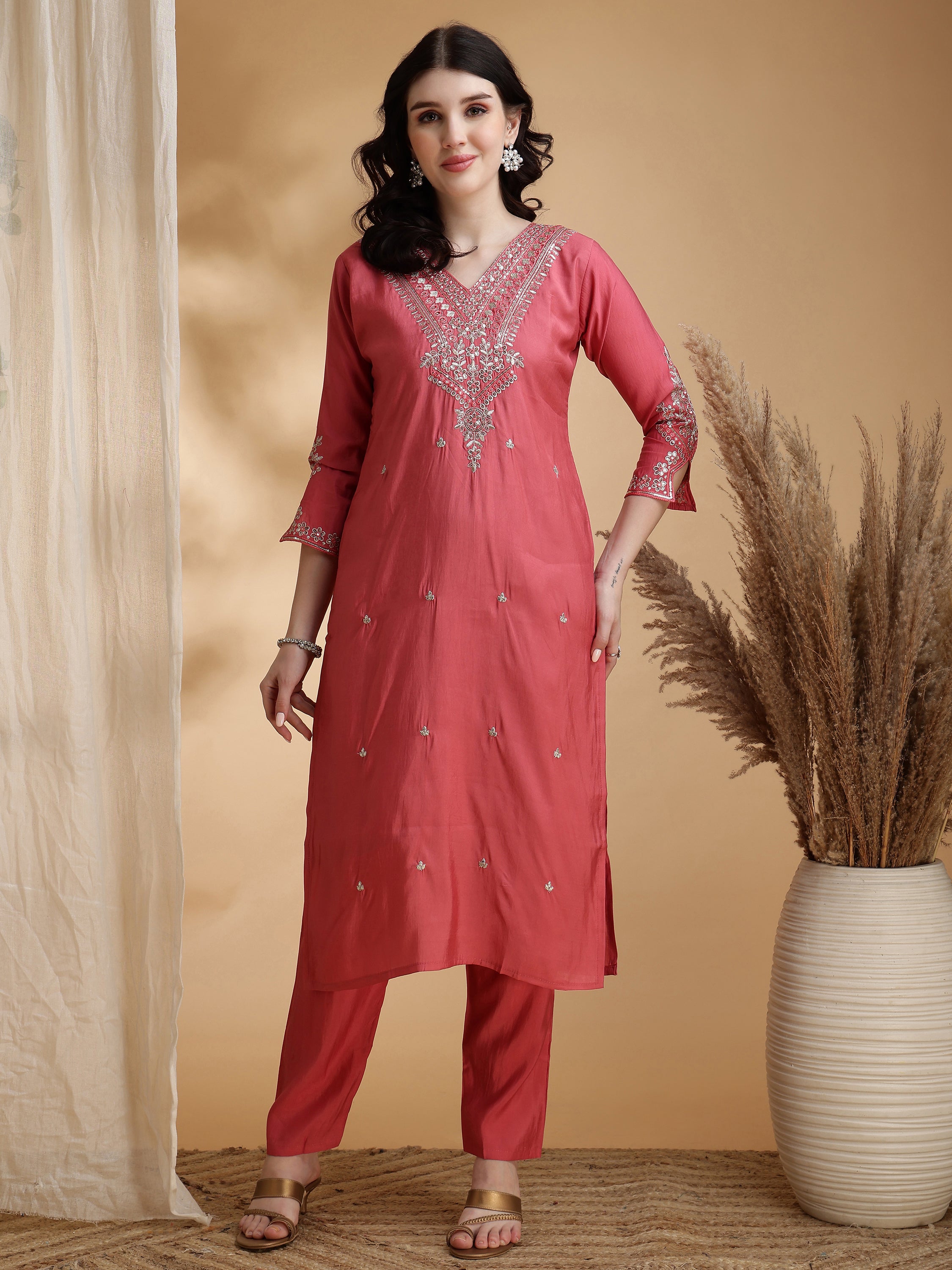 Sequined Embroidered Kurta with pant & Floral Printed Dupatta