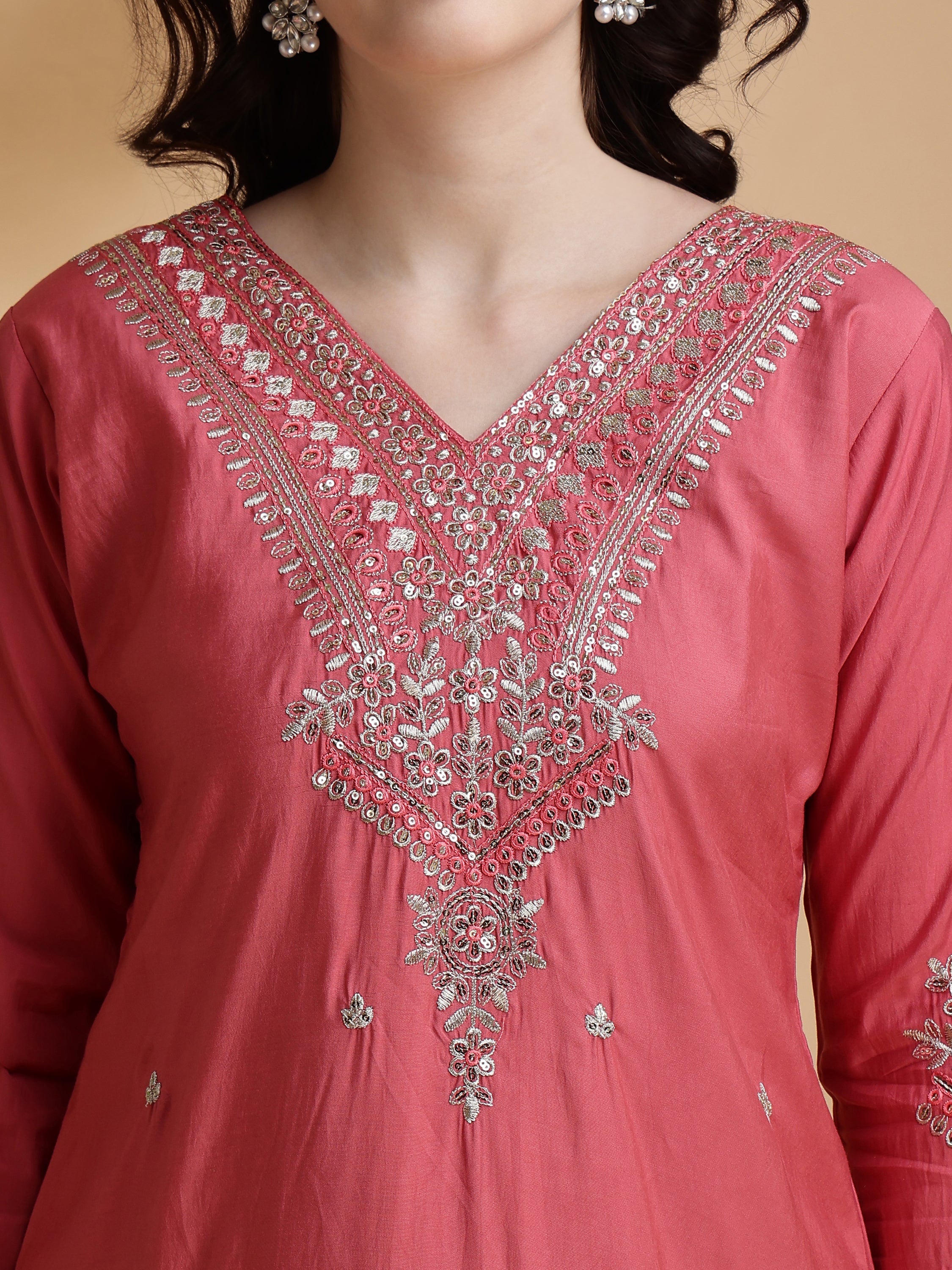 Sequined Embroidered Kurta with pant & Floral Printed Dupatta