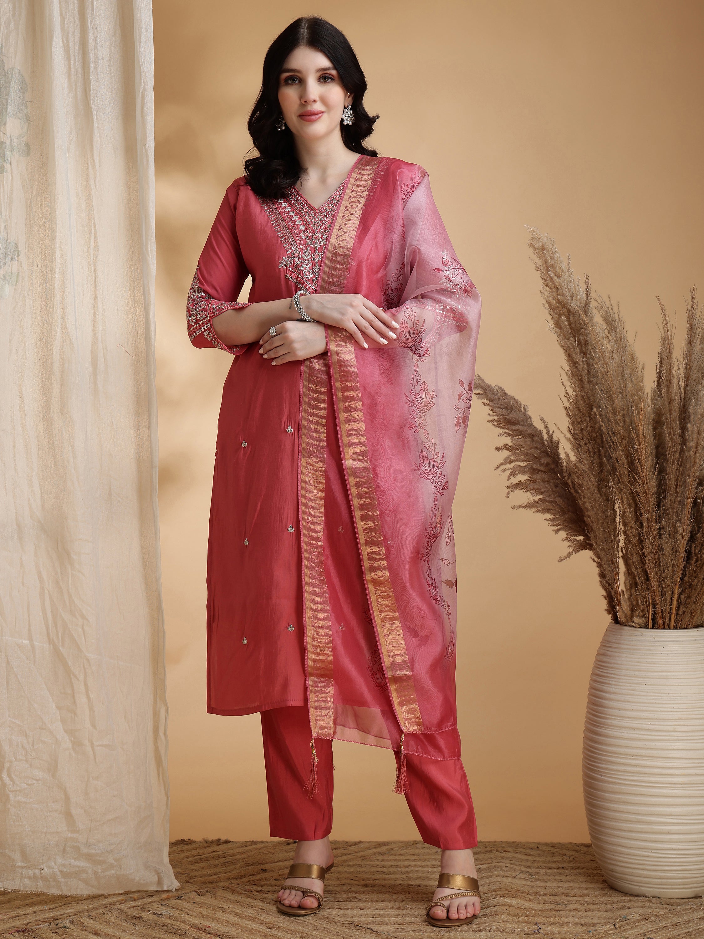 Sequined Embroidered Kurta with pant & Floral Printed Dupatta