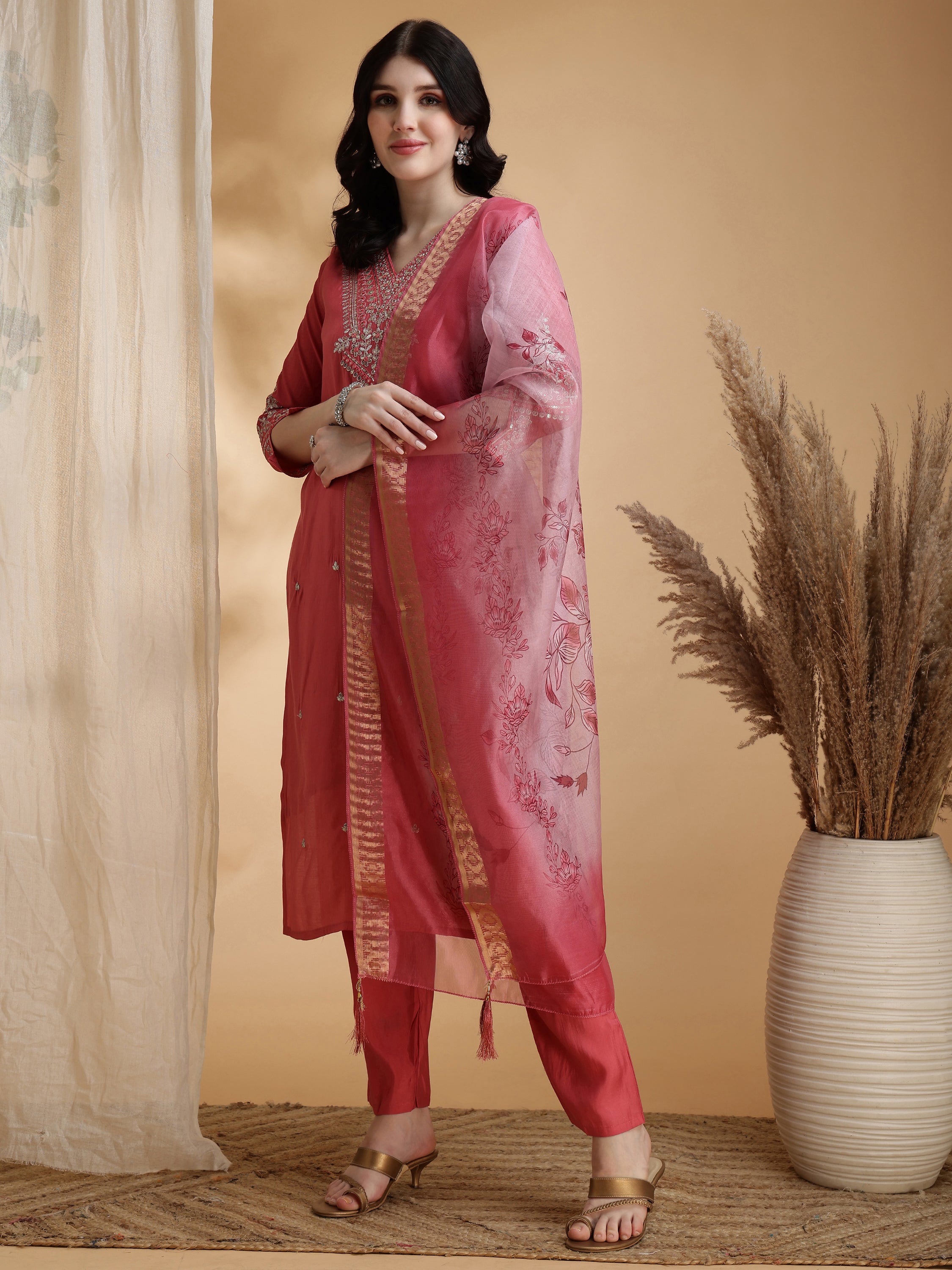 Sequined Embroidered Kurta with pant & Floral Printed Dupatta
