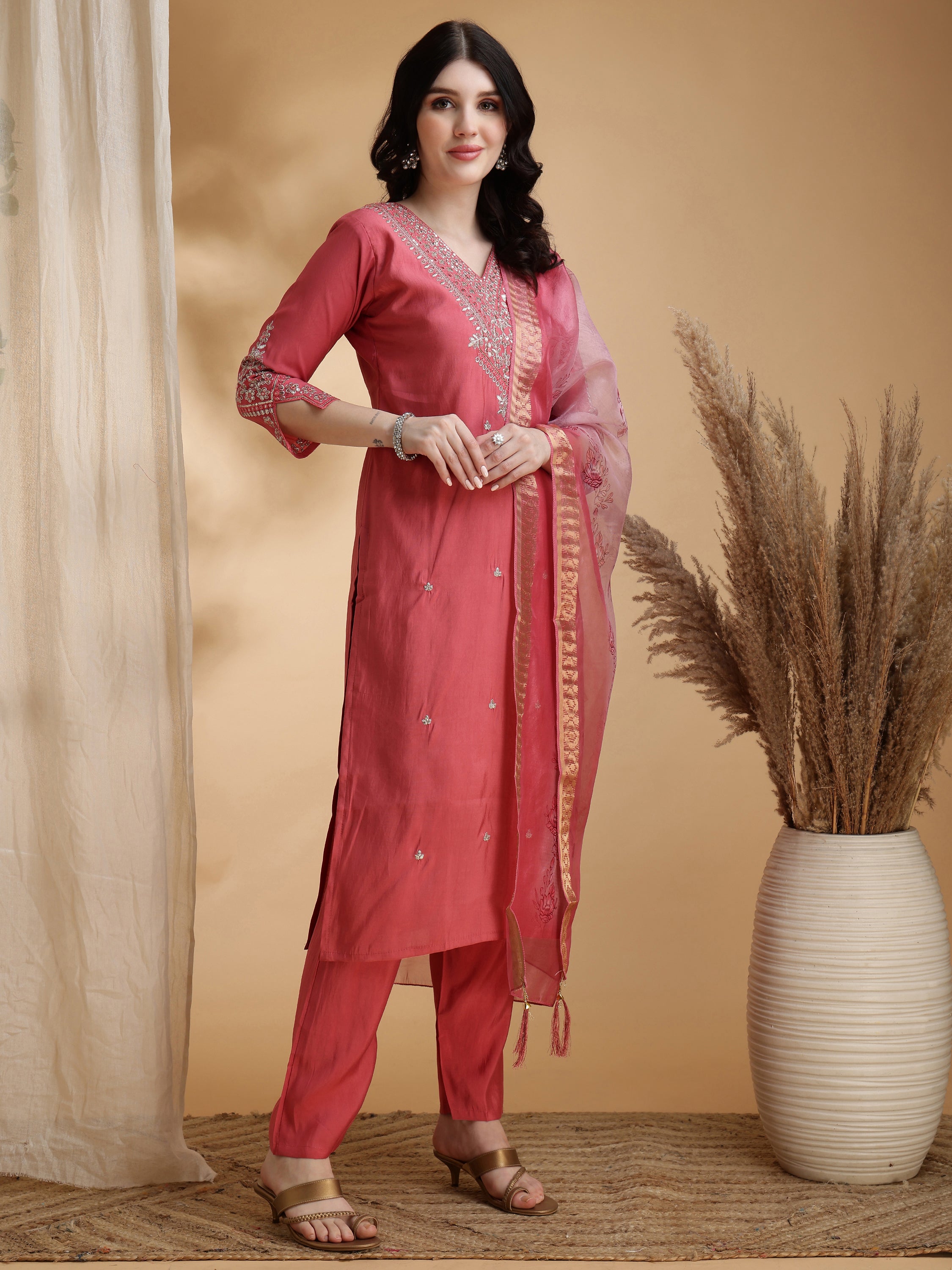 Sequined Embroidered Kurta with pant & Floral Printed Dupatta