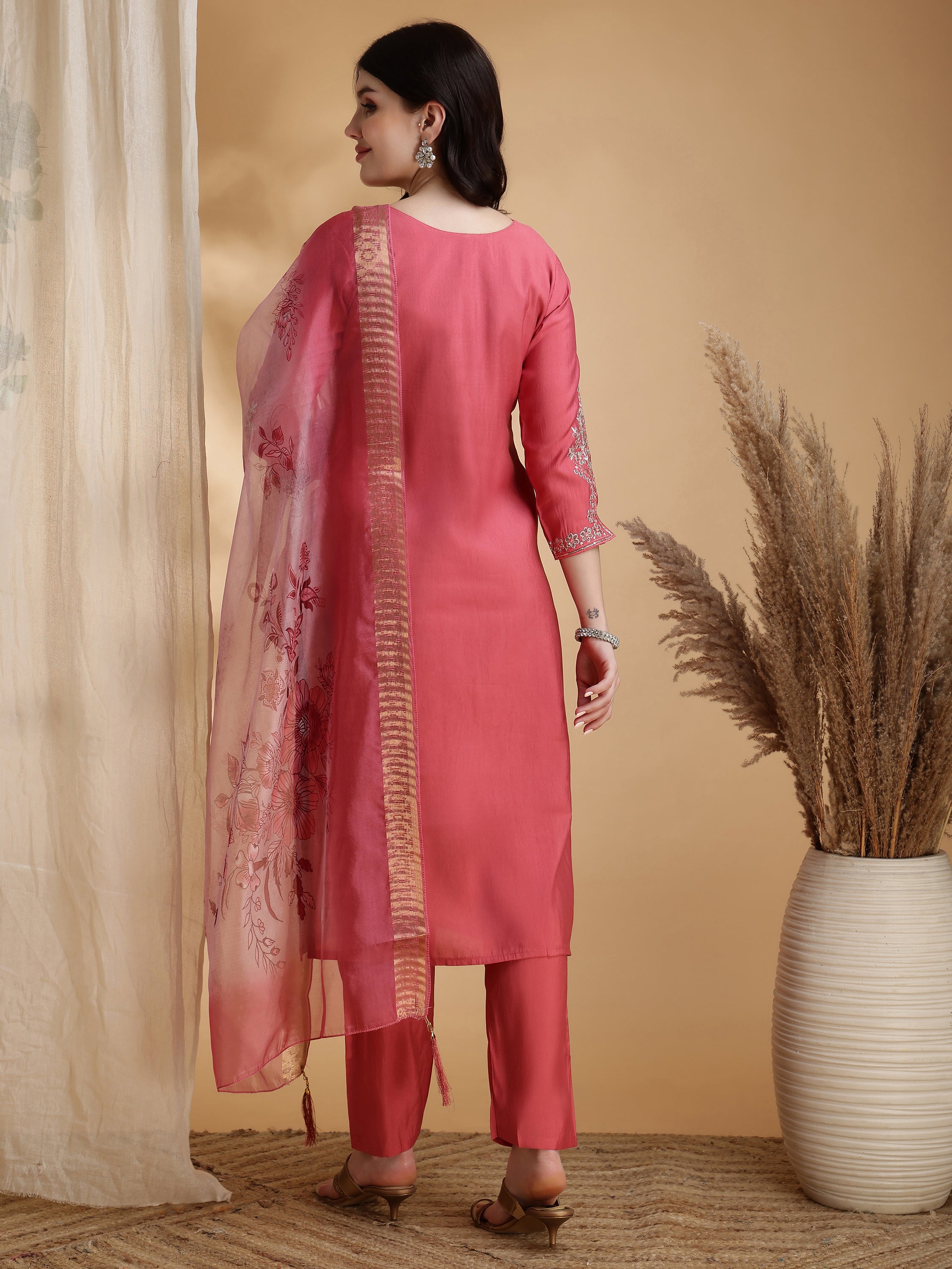 Sequined Embroidered Kurta with pant & Floral Printed Dupatta