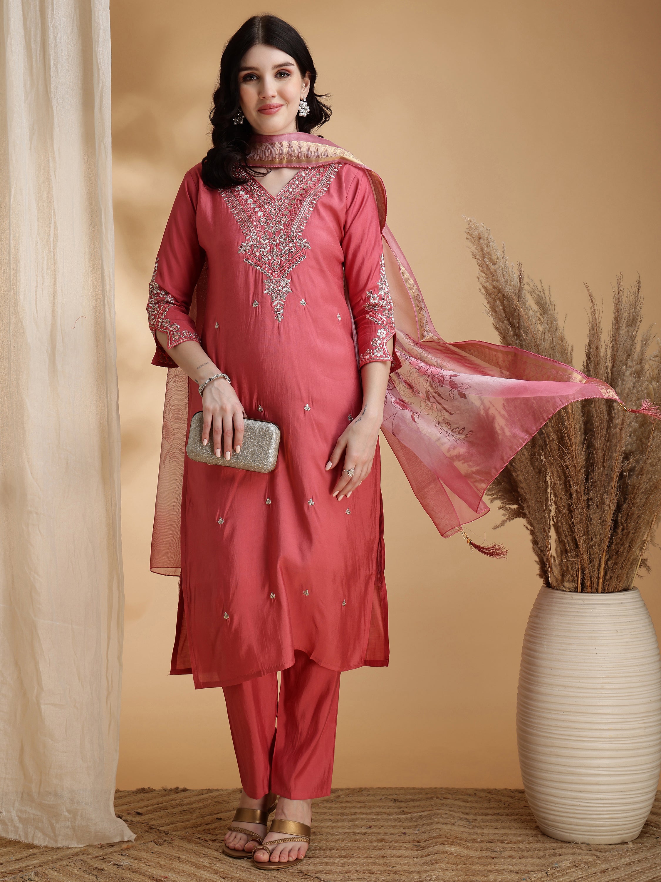 Sequined Embroidered Kurta with pant & Floral Printed Dupatta