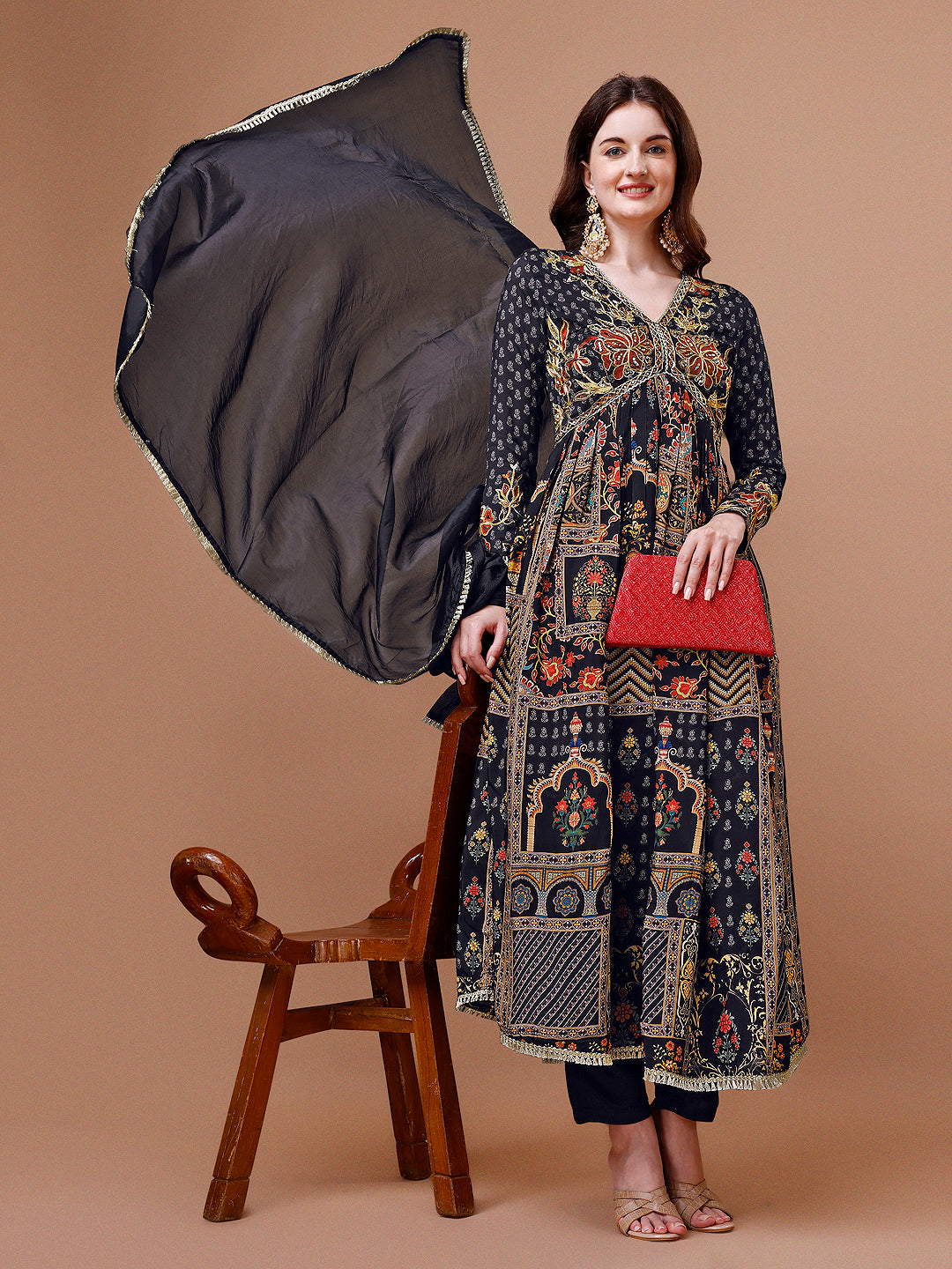 Alia Cut Muslin Printed Black Kurta With Pant And Dupatta Set