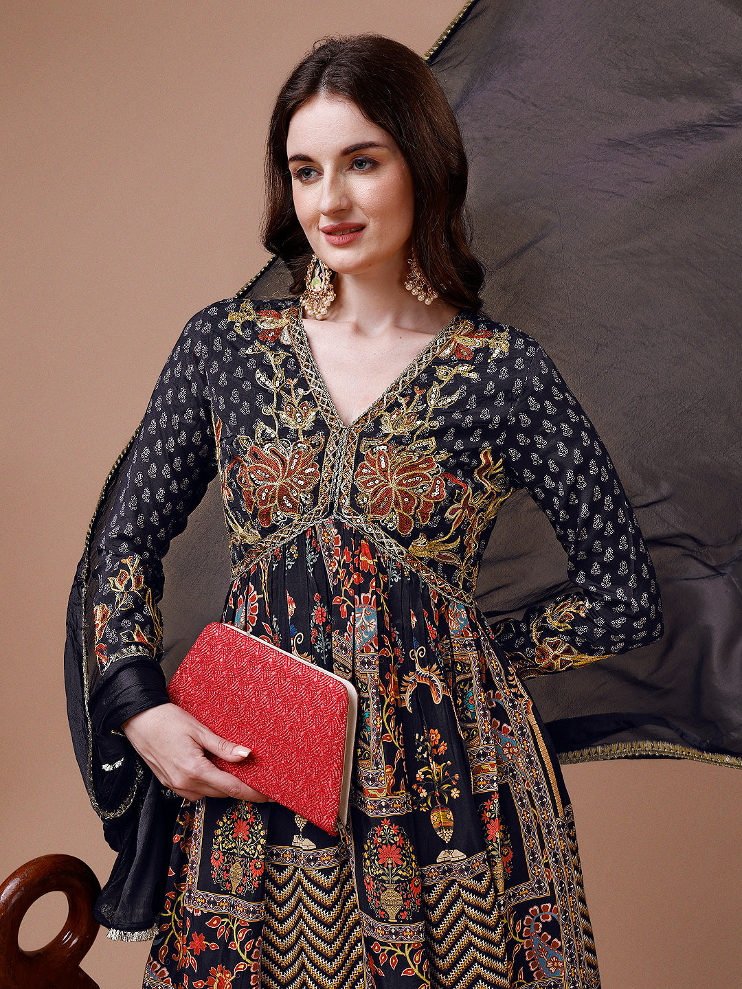 Alia Cut Muslin Printed Black Kurta With Pant And Dupatta Set