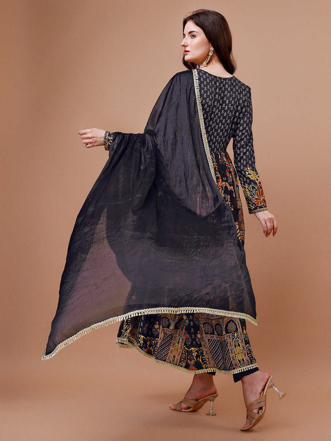 Alia Cut Muslin Printed Black Kurta With Pant And Dupatta Set