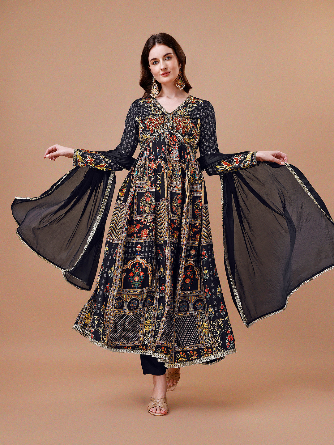 Alia Cut Muslin Printed Black Kurta With Pant And Dupatta Set