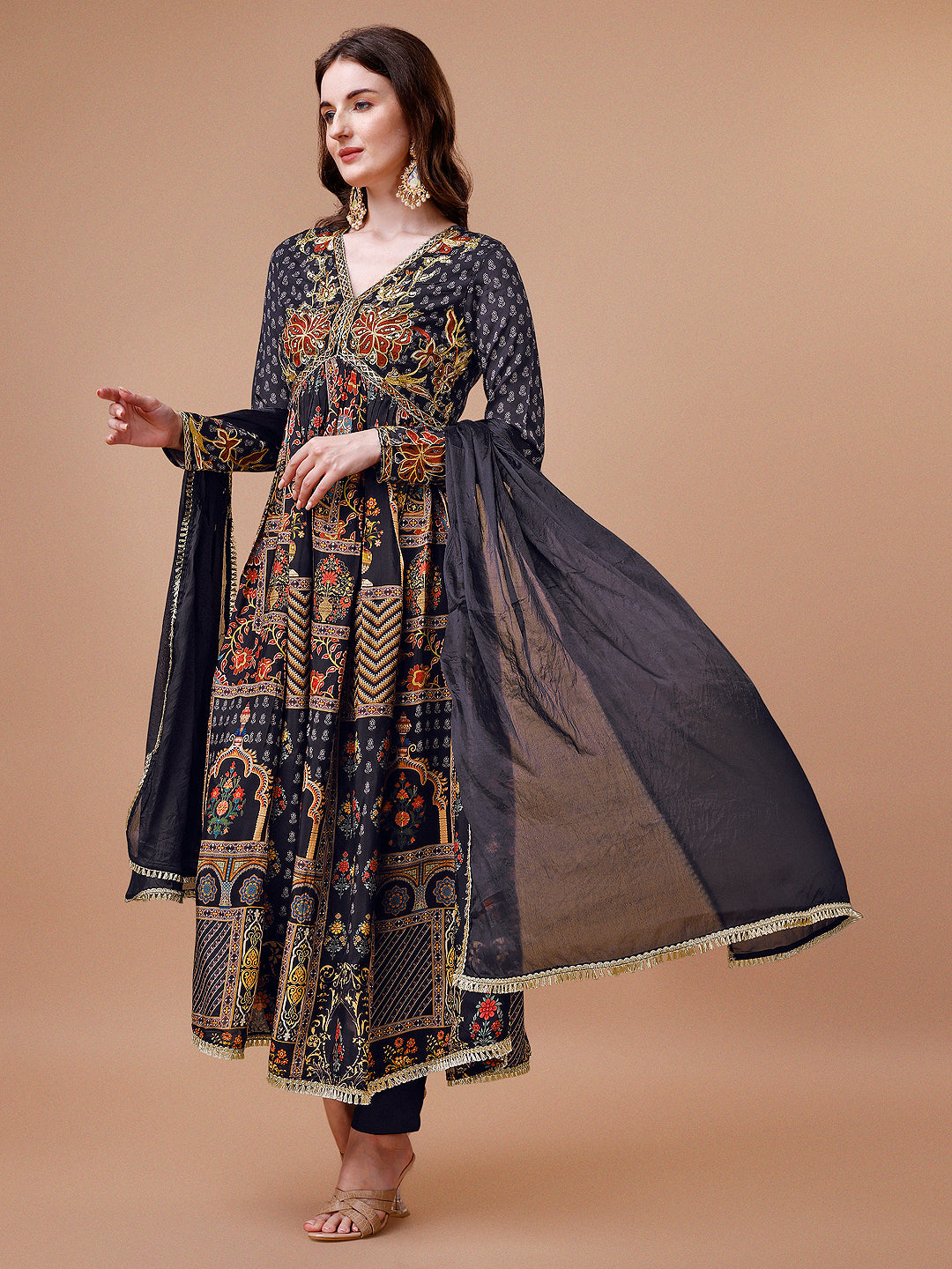 Alia Cut Muslin Printed Black Kurta With Pant And Dupatta Set