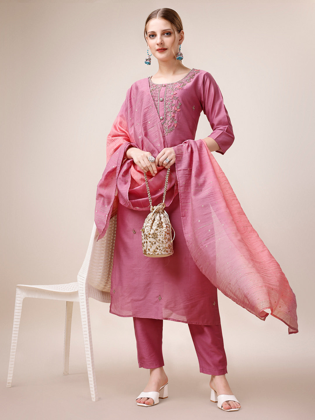 Hand Embroidered Kurta with Pant and Dupatta set