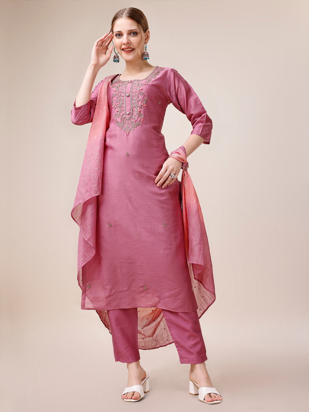 Hand Embroidered Kurta with Pant and Dupatta set