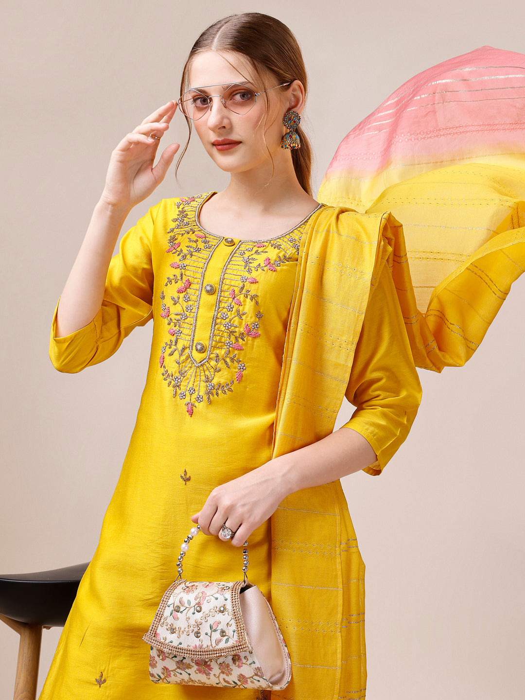 Hand Embroidered Kurta with Pant and Dupatta set