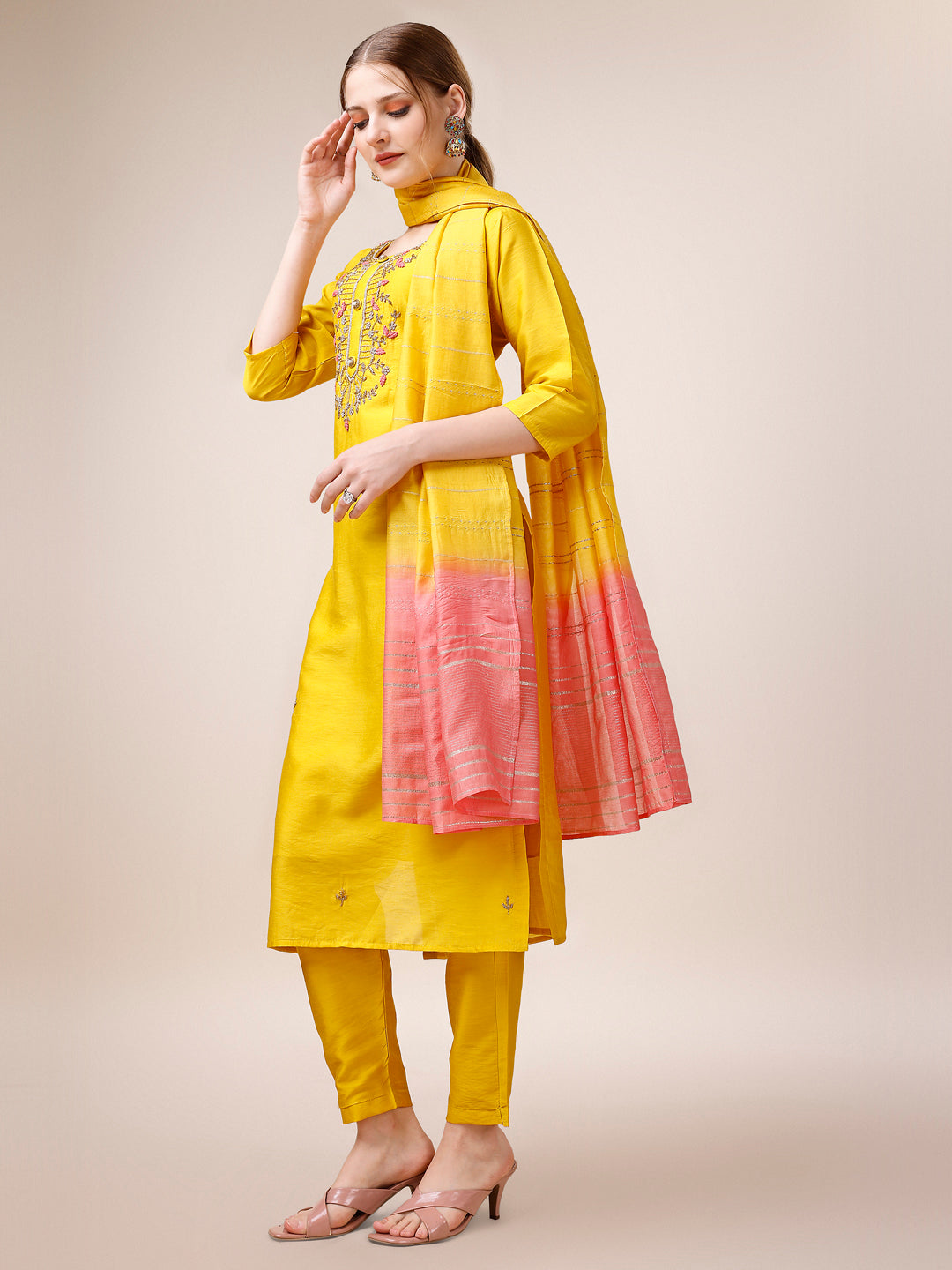 Hand Embroidered Kurta with Pant and Dupatta set