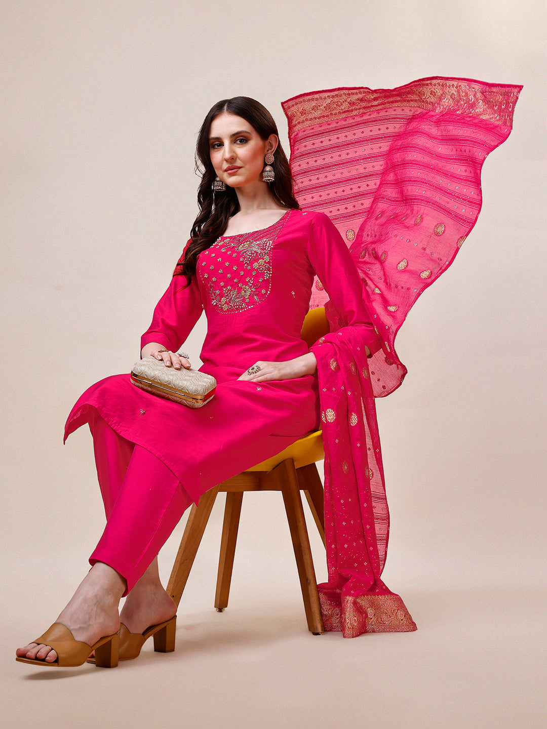 Pink Chanderi Embroidered Kurta with Pant & Dupatta Set.