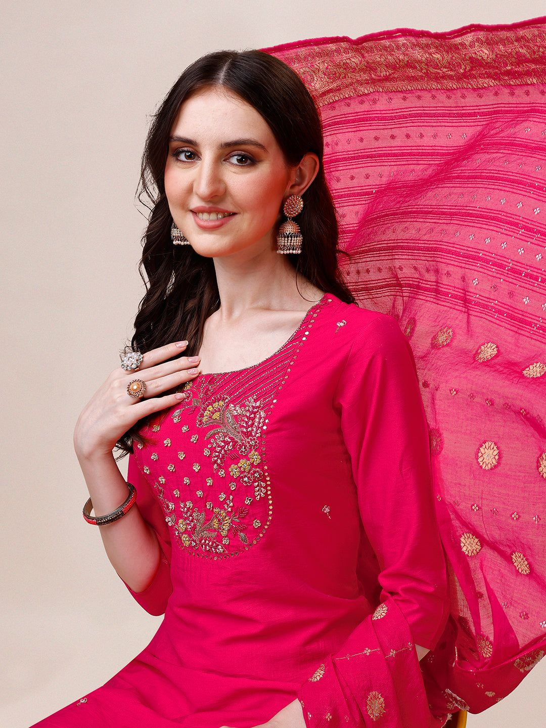 Pink Chanderi Embroidered Kurta with Pant & Dupatta Set.