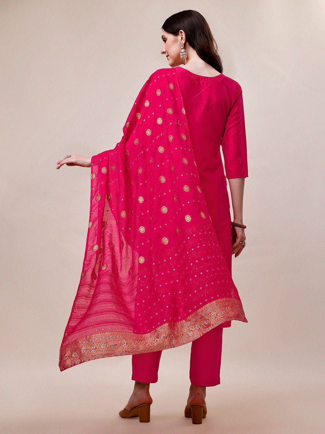 Pink Chanderi Embroidered Kurta with Pant & Dupatta Set.