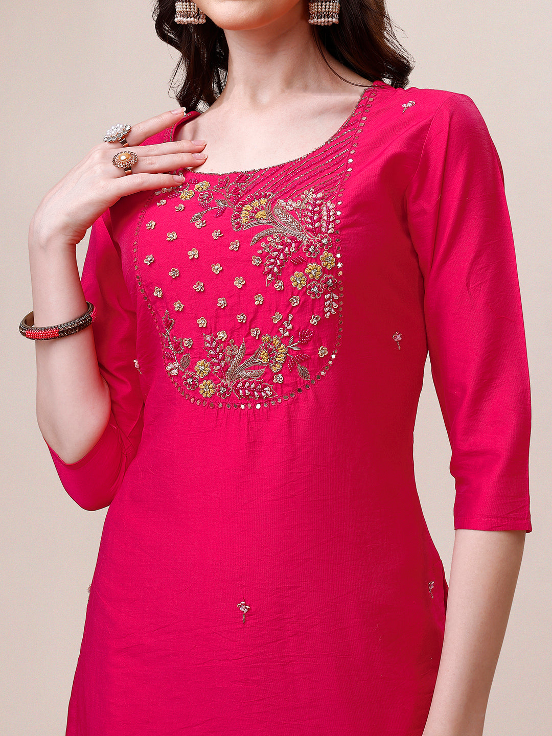 Pink Chanderi Embroidered Kurta with Pant & Dupatta Set.