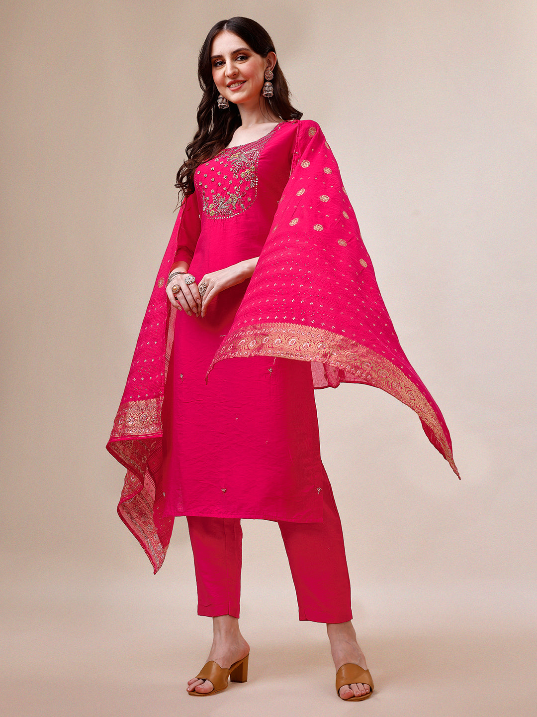 Pink Chanderi Embroidered Kurta with Pant & Dupatta Set.