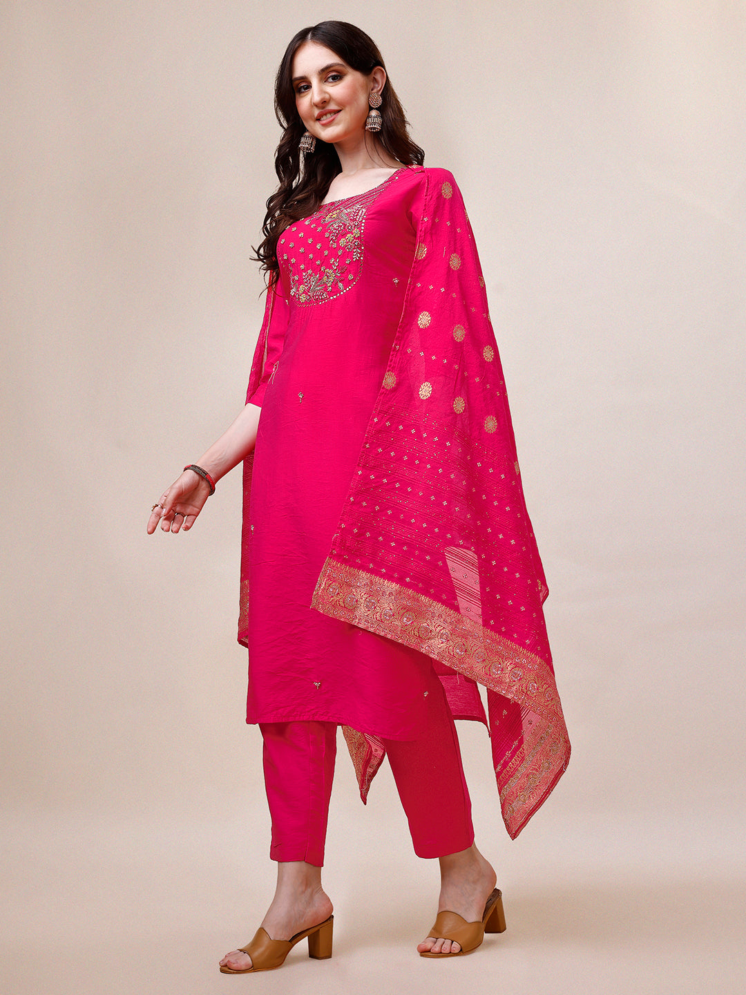 Pink Chanderi Embroidered Kurta with Pant & Dupatta Set.