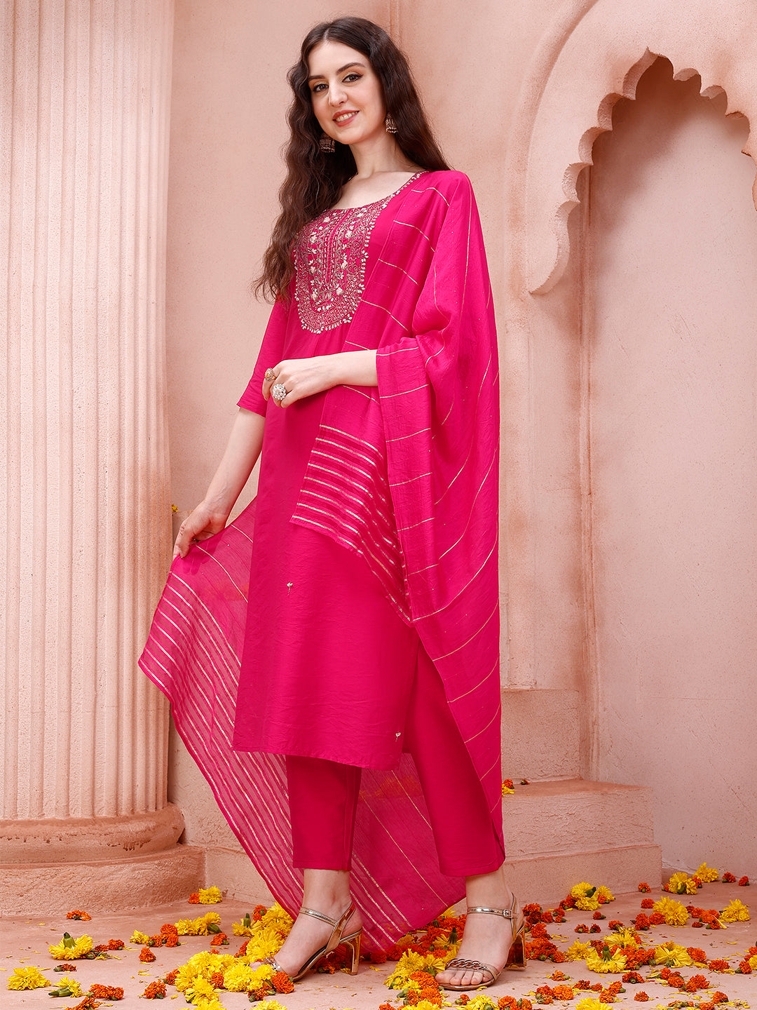 Embroidered kurta with pant and dupatta set