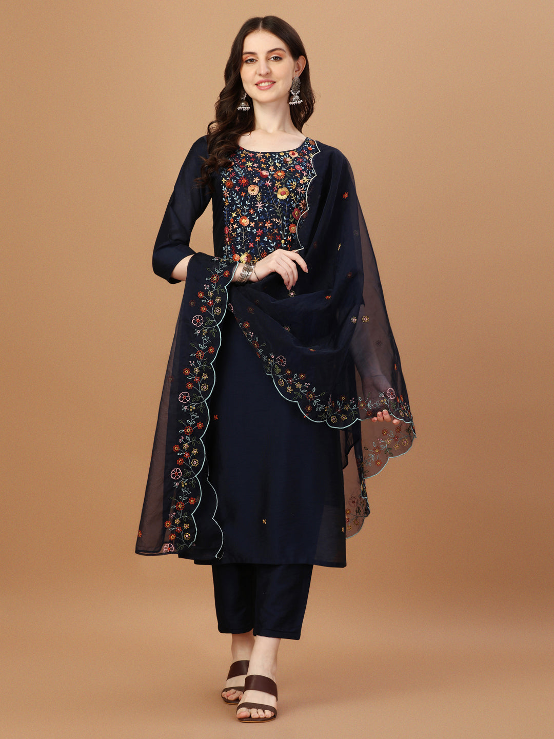 Embroidered Kurta with Pant and Embroidered Dupatta Set