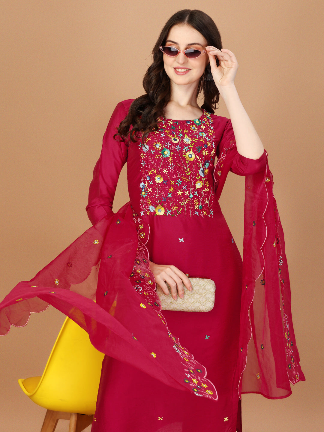 Embroidered Kurta with Pant and Embroidered Dupatta Set