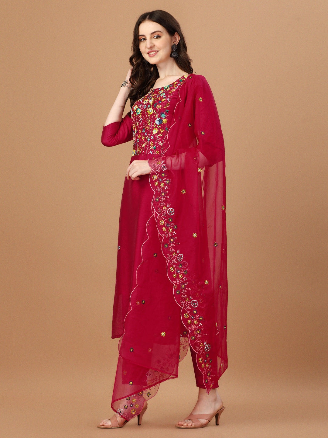 Embroidered Kurta with Pant and Embroidered Dupatta Set