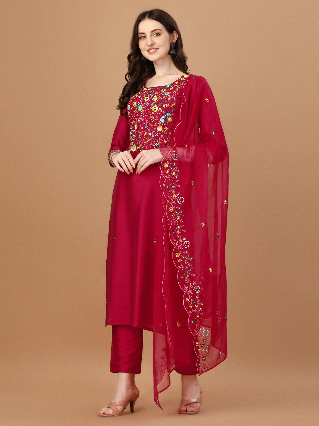 Embroidered Kurta with Pant and Embroidered Dupatta Set