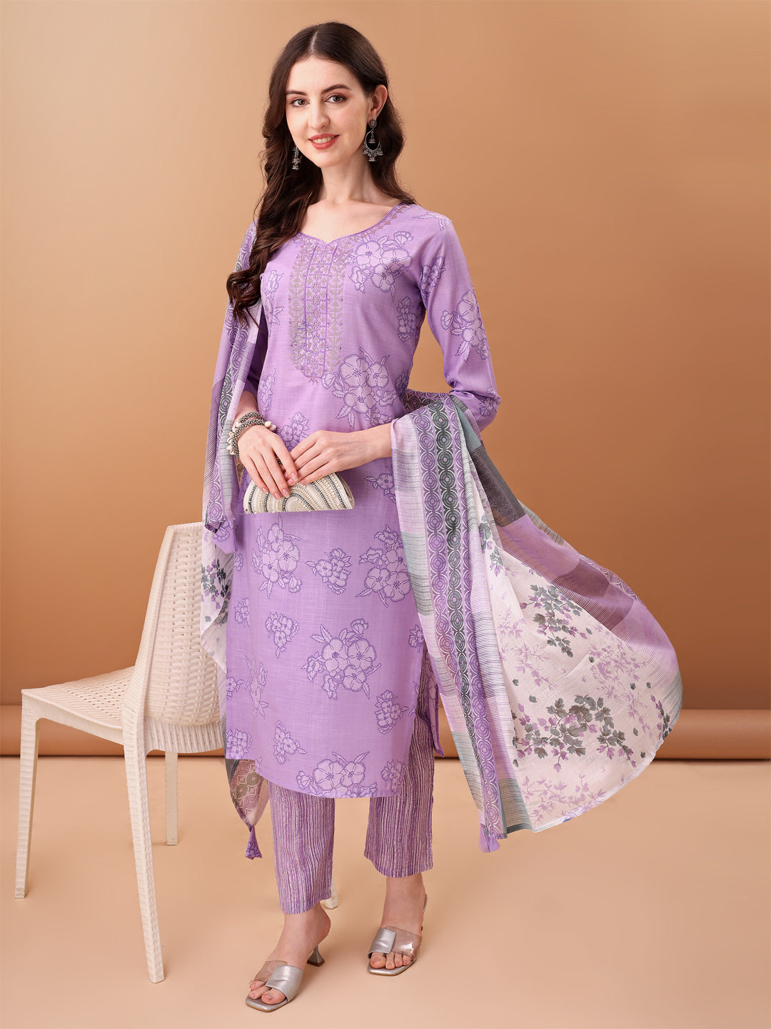 Embroidered & Printed Kurta with pant & Printed Dupatta