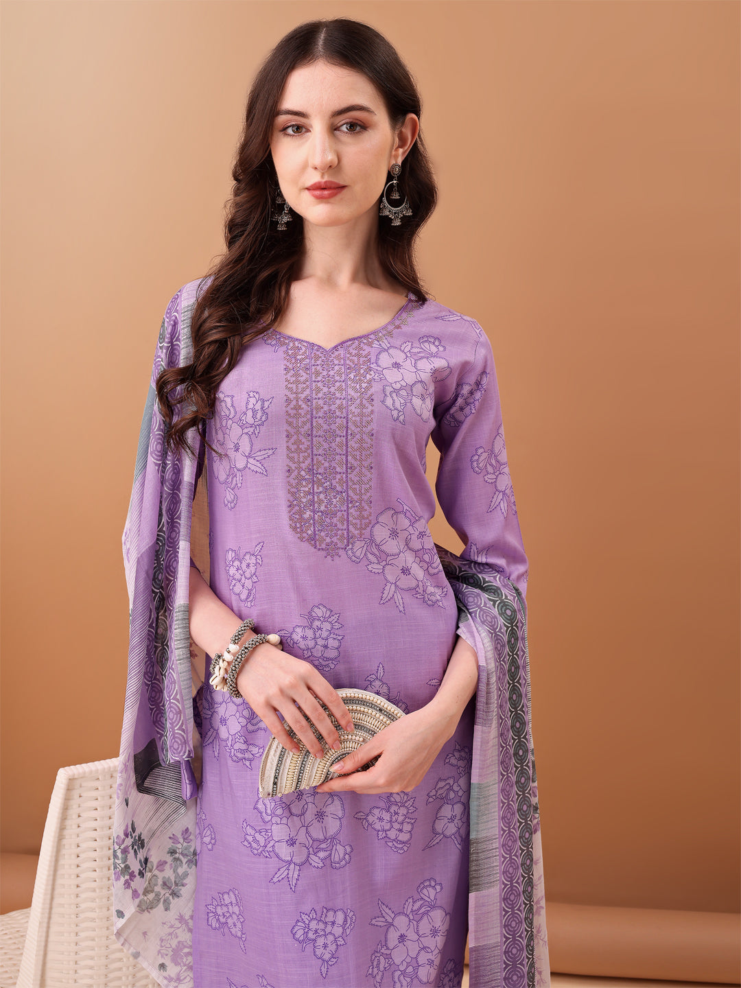 Embroidered & Printed Kurta with pant & Printed Dupatta