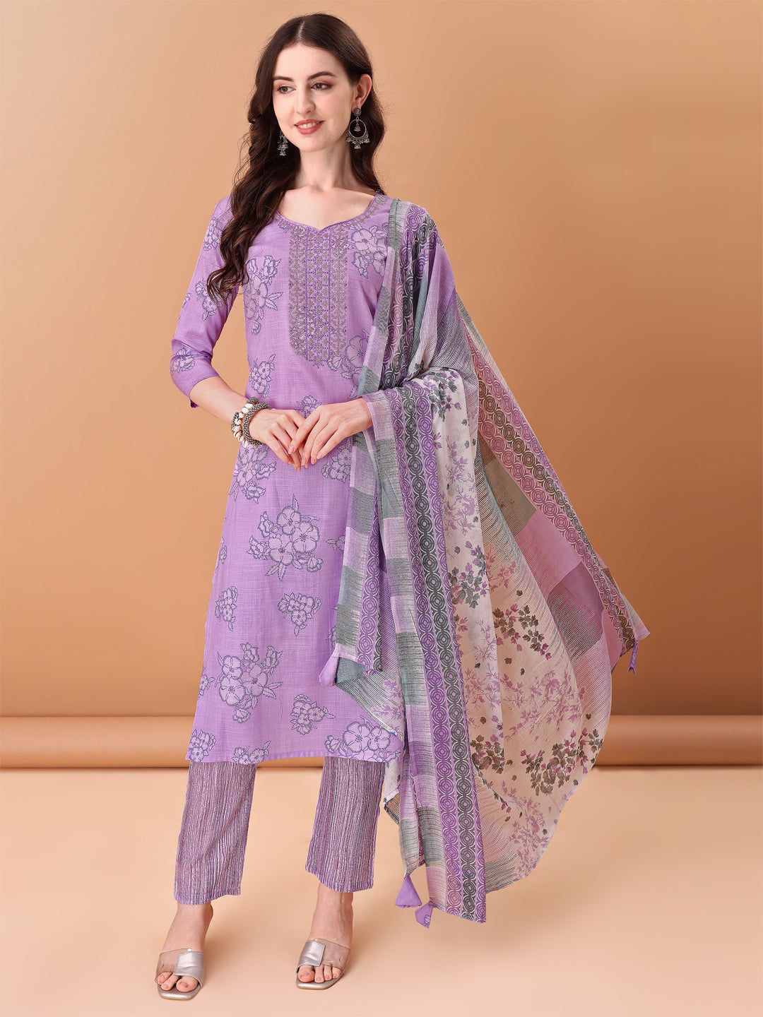 Embroidered & Printed Kurta with pant & Printed Dupatta