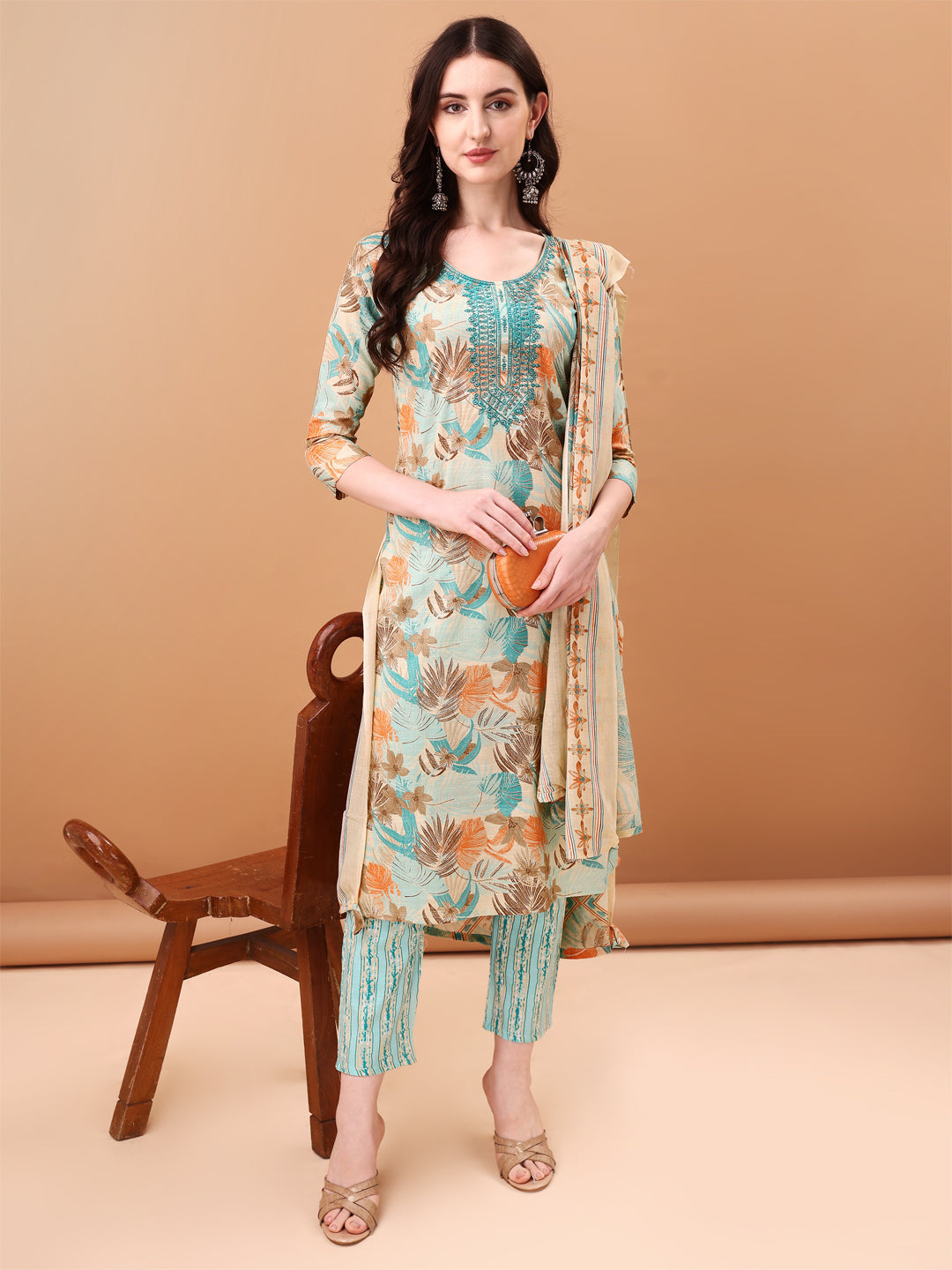 Embroidered & Botanical Printed Kurta with pant & Printed Dupatta