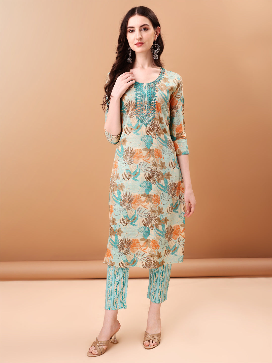 Embroidered & Botanical Printed Kurta with pant & Printed Dupatta